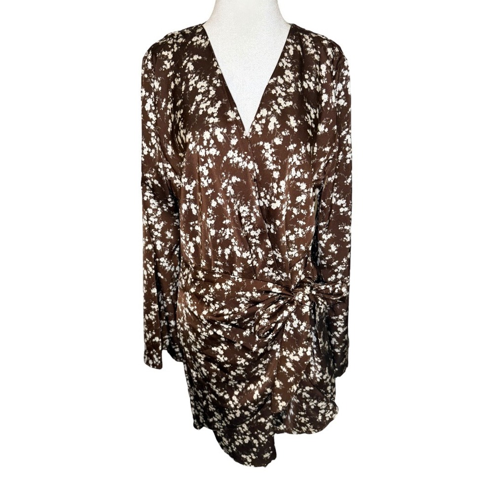 WAYF Floral Print Mini Dress Long Sleeve‎ Knot Front Espresso Large NWT